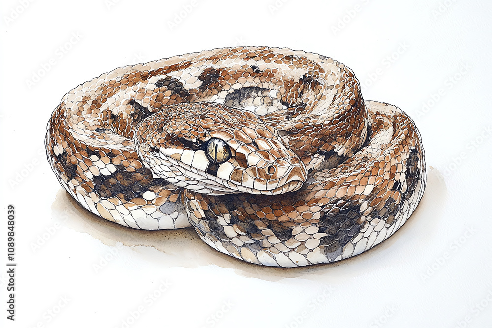 Obraz premium A coiled snake watercolor with ink details, clean white background.