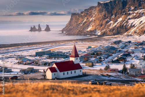 Vík í Mýrdal Village: Icelandic Church and Coastal Beauty in Winter photo