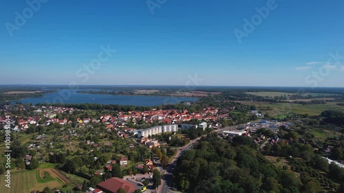 Aerial view around an old town of the city Wesenberg, Germany on a sunny day in autumn	 photo