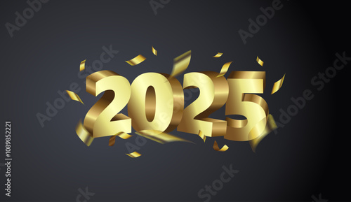 Gold 3d numbers and falling, flying golden serpentine on black background. Realistic premium design for posters, banners, calendar and congratulations. New Year background template