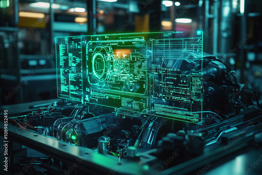 Fototapeta premium A neon green holographic engine diagnostic display floating above a hypercar motor, precise technical readouts.