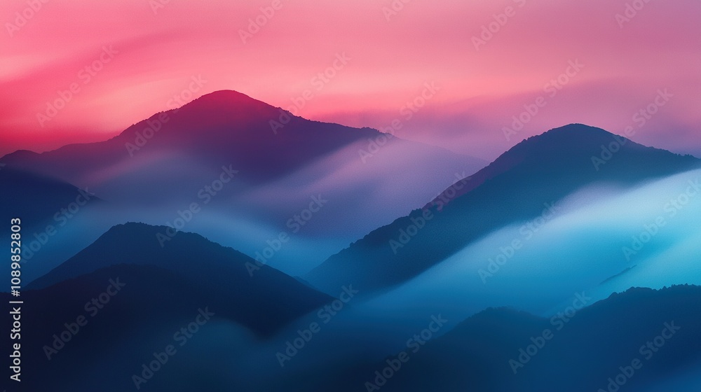 Obraz premium A stunning image of a mountain range in the distance with a vibrant pink and blue sky in both the foreground and background