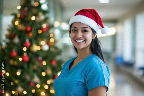 Portrait of a nurse in blue scrubs and a santa hat smiling in a hospital with a christmas tree in the background, professional digital photography 