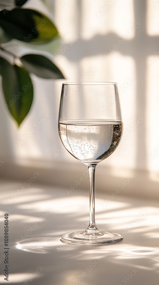 Fototapeta premium Glass of Water on a Sunny Windowsill Minimalist Still Life with Refreshing Drink and Plant.
