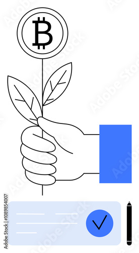 Hand holding bitcoin plant symbolizing cryptocurrency investment growth. Accompanied by a paper with check mark and pen. Ideal for finance, investment, banking, digital currency, fintech