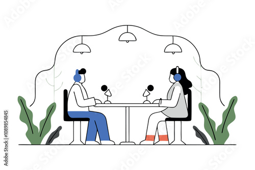 Radio host concept Idea of news broadcasting in the studio. Podcasting with the microphones. Flat vector illustration	