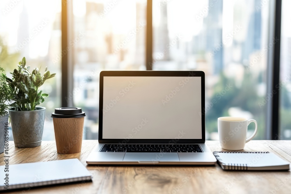 Fototapeta premium Wooden Desk Setup with Laptop and Cityscape View