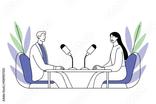 Radio host concept Idea of news broadcasting in the studio. Podcasting with the microphones. Flat vector illustration	