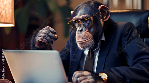 Portrait of anthropomorphic monkey in  expensive suit and glasses, working in business office on a laptop.