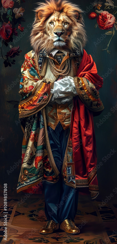 Fototapeta premium Realistic photo of an anthropomorphic lion dressed in colorful fancy clothing in the style of a fashion magazine cover, old money aesthetic. AI generated illustration.