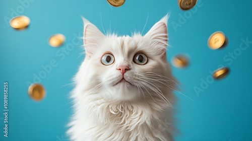 Curious, Fluffy White Cat Surprised by a Shower of Golden Coins Against a Blue Backdrop.