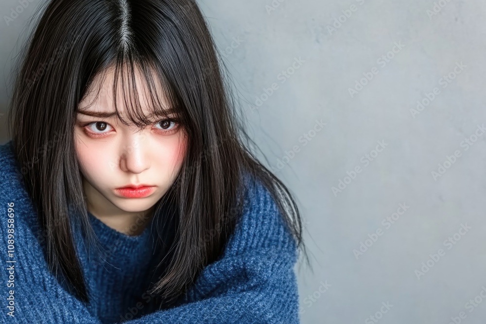 Naklejka premium Young asian female with long hair and blue sweater looking serious against gray background