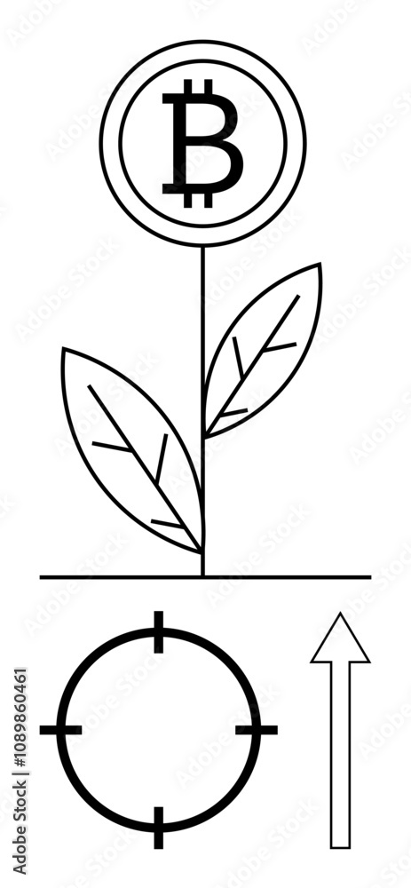 Fototapeta premium Bitcoin symbol as a blooming flower, two leaves on stem, target circle, upward arrow. Ideal for cryptocurrency growth, investment strategy, digital assets, market potential, financial success