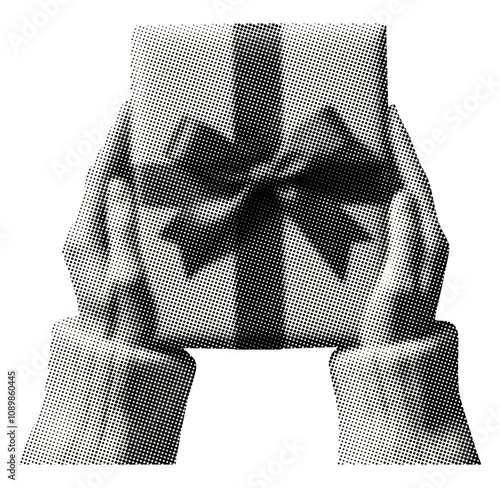 hands holding wrapped gift box with ribbon isolated retro halftone grunge dotted cut-out collage element for gift-giving celebration holiday festive greeting cards design