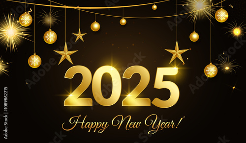 Happy New Year 2025 Text Holiday Graphic with Golden stars and lights. Happy holiday season. Happy new year,  blank canvas for festive inscriptions and designs,