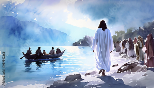 A preacher on the shore of a lake in ancient Judea. Jesus Christ approaches the people standing on the shore and the fishermen in the boat at the lake
