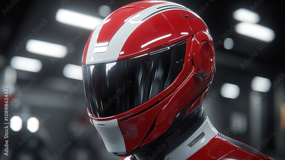 Fototapeta premium Red futuristic helmet with visor, close-up.