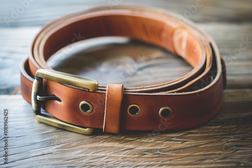 Brown leather belt resting on wooden surface with brass buckle showcasing craftsmanship and durability in a rustic setting photo