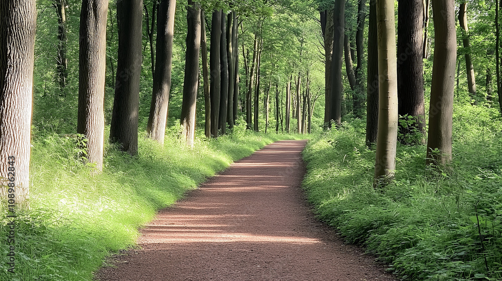 Obraz premium Winding path through lush green forest in springtime