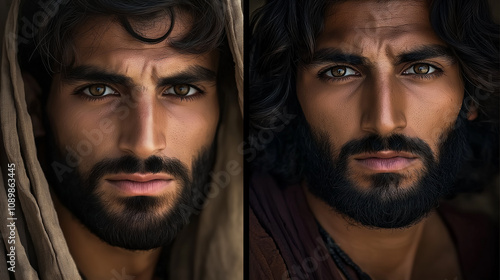 Portrait of middle eastern man showing different hairstyles and beard lengths photo