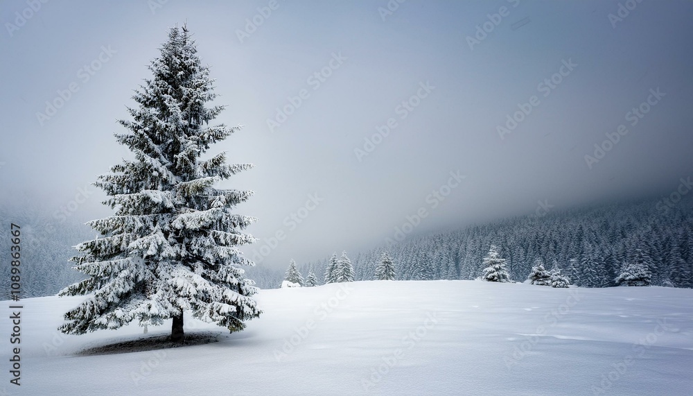 Fototapeta premium モミの木が雪をかぶり、白い雪に覆われた雪原に静かに佇んでいる。雪が降り積もり、灰色の空が冬の美しさを引き立てます。