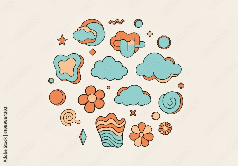 Fototapeta premium Colorful abstract shapes with clouds, flowers, and geometric patterns