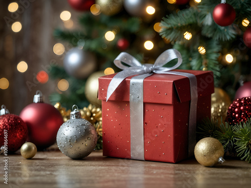 Decorative box with toys against the background of a Christmas tree.