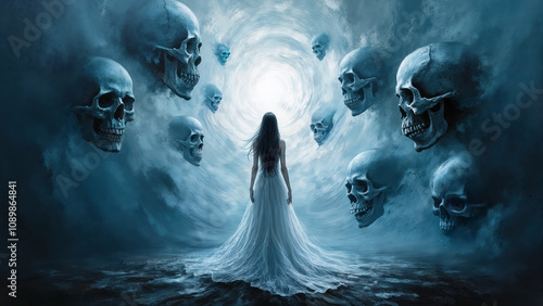 She walks towards the light at the end of the tunnel through the valley of death in a ethereal flowing white dress seeking peace in the afterlife