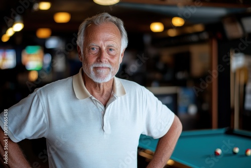 An elderly man stands confidently in a pool hall, hands on hips, conveying wisdom and calmness in a dim-lit room with a pool table and ambient atmosphere. photo