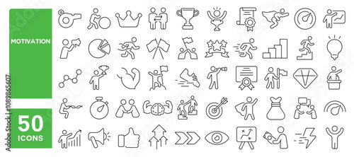 Set of 50 line icons related to motivation, encourage, ambition, inspire, leadership, business, support, achievement, Editable stroke. Vector illustration