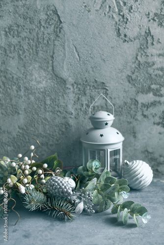 Vintage Christmas decoration on rustic gray background. Copy space