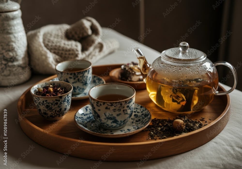 Fototapeta premium Elegant tea set with herbal infusions displayed on wooden tray