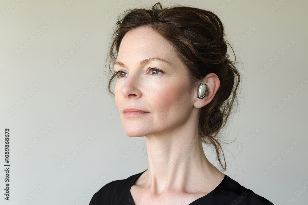 Fototapeta premium A deaf woman confidently showcasing her hearing aids in studio, plain background