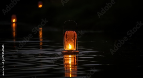 Floating lanterns reflecting on a calm water surface at night photo