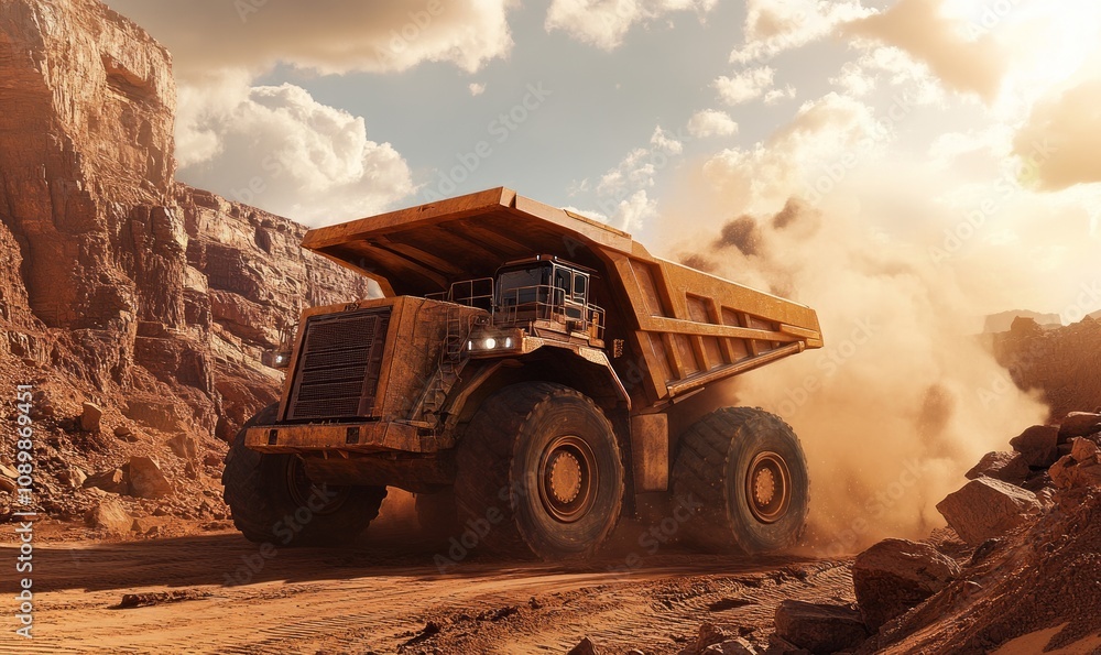 Obraz premium Large industrial dump truck in a mining site, surrounded by dirt and rock, with dust clouds trailing behind, set against a bright sky with some clouds