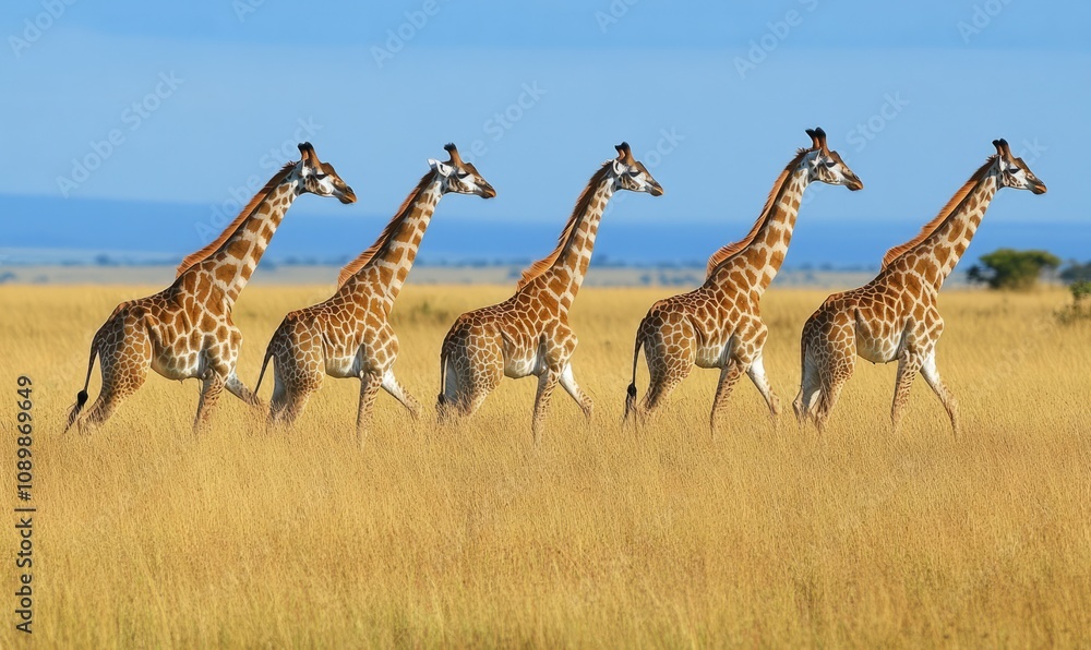 Obraz premium A group of six giraffes walking through a dry grassland with a blue sky background