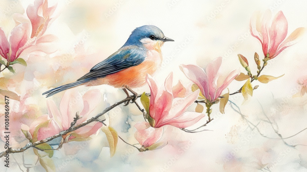 Fototapeta premium Bluebird perched on a branch with blooming pink magnolia flowers
