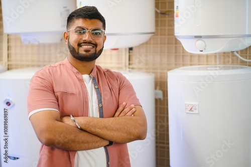 Indian Plumber with boilers, plumbering store. photo