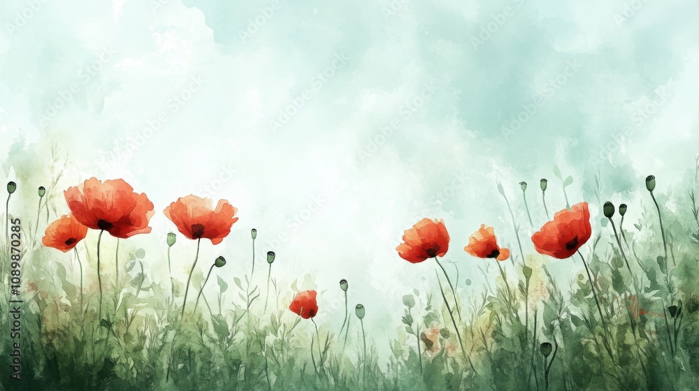 Obraz premium Bright red poppies swaying gently in a lush green field