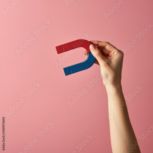Hand holding u-shaped magnet against pink background