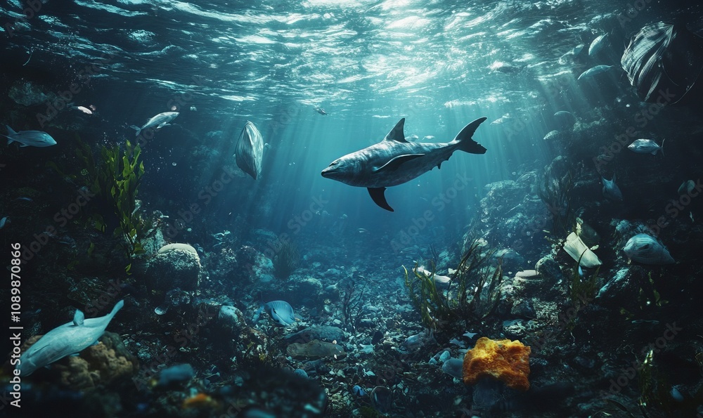 custom made wallpaper toronto digitalPlastic waste floating in a deep ocean with marine life swimming around, symbolizing human impact on ecosystems