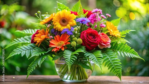 Wallpaper Mural Bouquet of colorful flowers arranged in a vase with bright pink and yellow hues surrounded by lush green leaves and ferns, daisies, bouquet, party decorations Torontodigital.ca