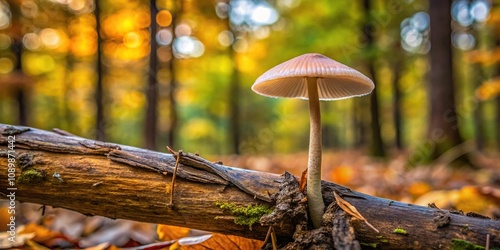 Clitopilu prunulus mushroom growing next to decaying branches in fall woodland photo