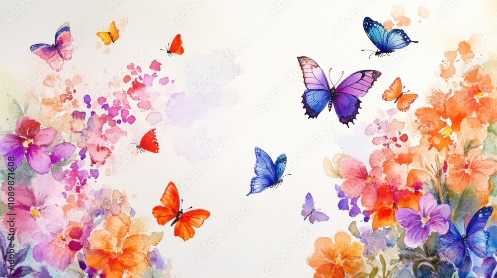 Fototapeta premium Colorful butterflies flutter amidst vibrant watercolor floral arrangements