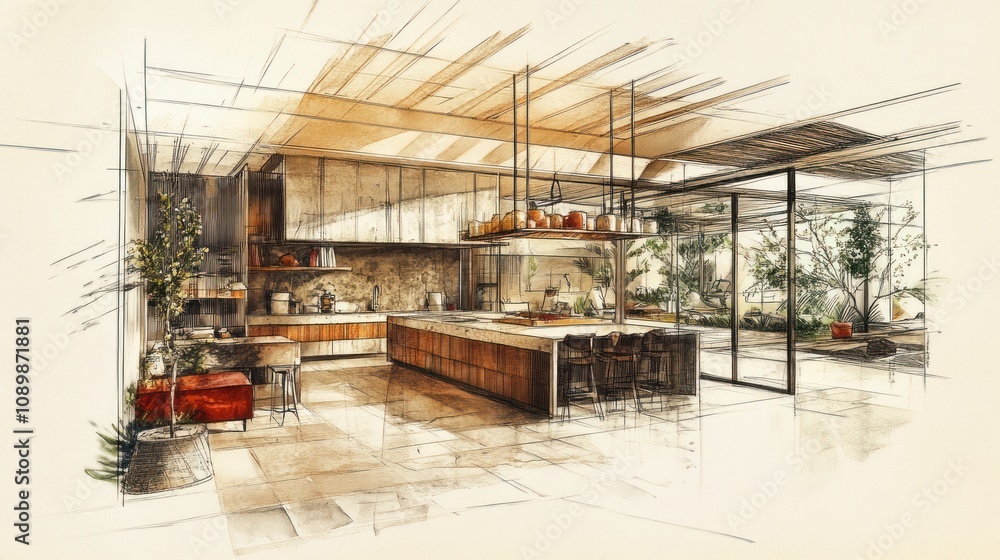 Fototapeta premium A modern kitchen design sketch featuring open space and natural elements.
