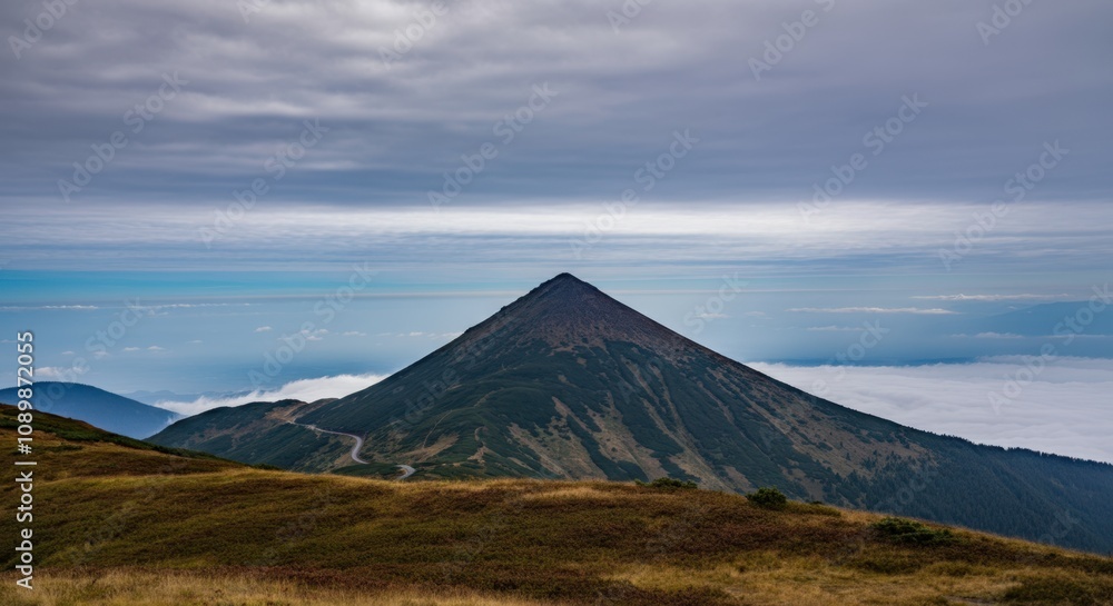 Obraz premium Majestic mountain peak rising above cloud-covered valley under dramatic sky