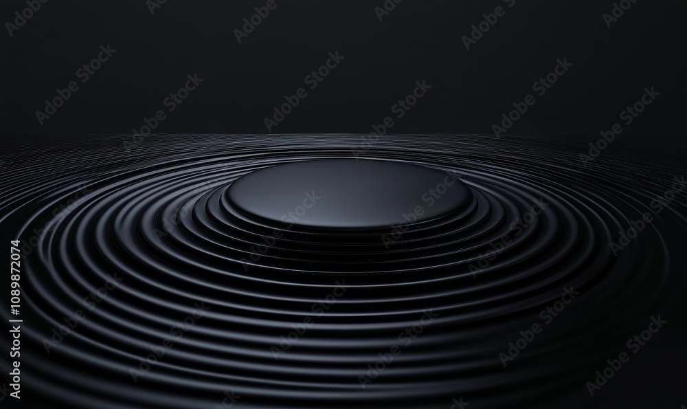 Obraz premium Ripple podium surface tech template, concentric waves sound effect black digital background