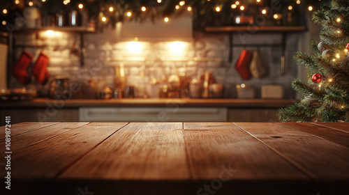 rustic wooden table in front of a decorated Christmas kitchen