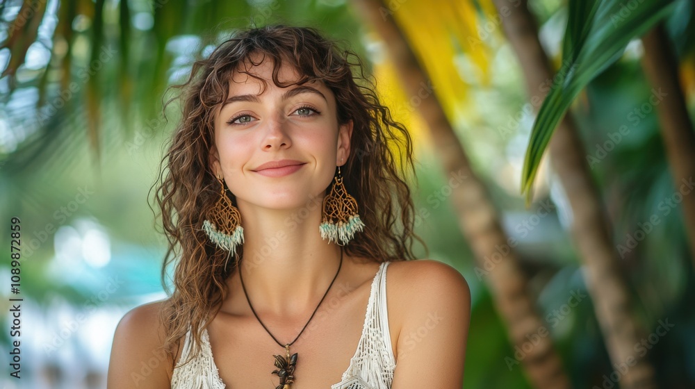 Fototapeta premium Young Woman Smiling Amidst Lush Tropical Foliage with Bohemian Accessories