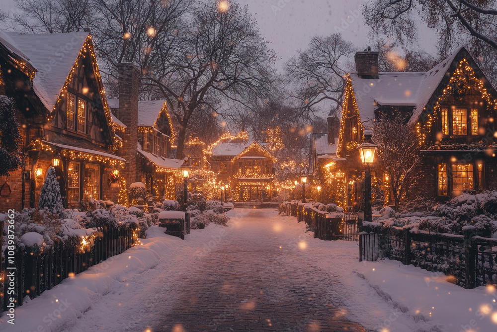 Fototapeta premium winter street with cozy houses decorated with Christmas lights. 